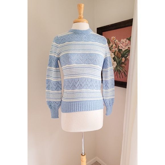 70s Pointelle Long Sleeve Cutwork 1970s Vintage Blue Striped Vintage Sweater - Picture 12 of 16